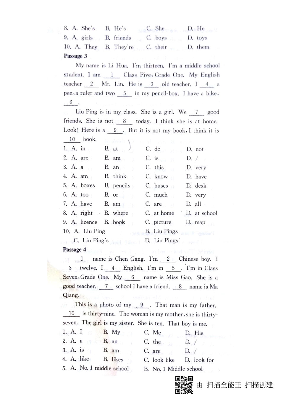 山东省邹城市七年级英语上学期期末专题整合复习卷 完形填空(pdf，无答案) 人教新目标版试卷_第2页