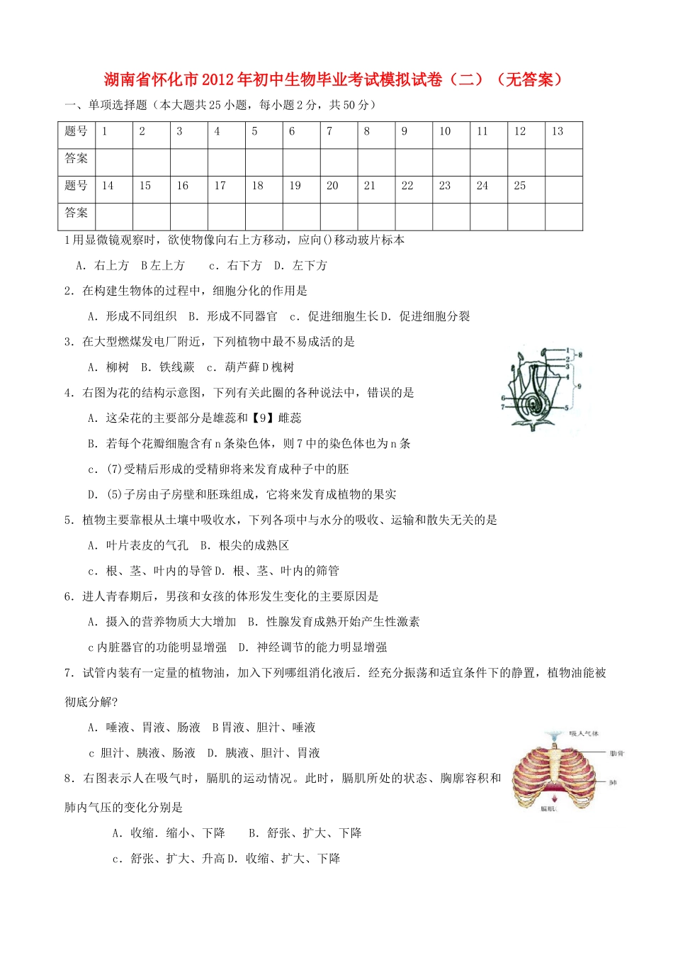 初中生物毕业考试模拟试卷(二)(无答案) 试题_第1页