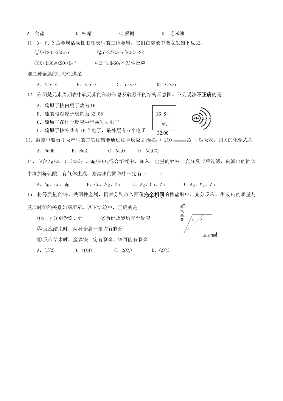 九年级化学上学期期末模拟考试试卷(无答案) 新人教版试卷_第2页