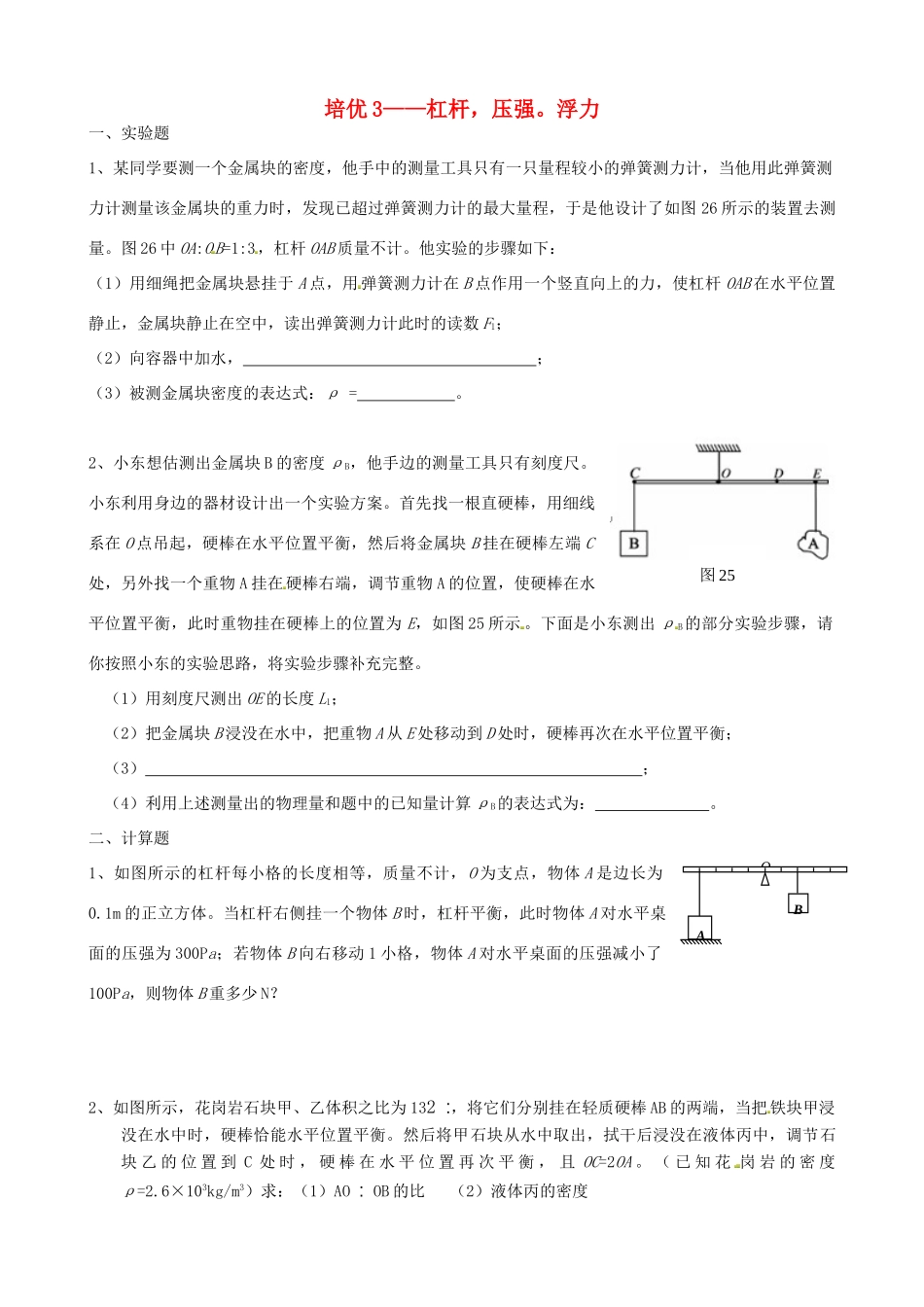 中考物理专题复习 培优3——杠杆，压强。浮力试卷_第1页