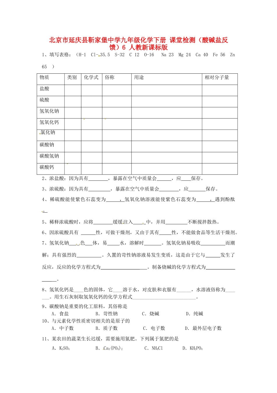 九年级化学下册 课堂检测(酸碱盐反馈)6 人教新课标版试卷_第1页