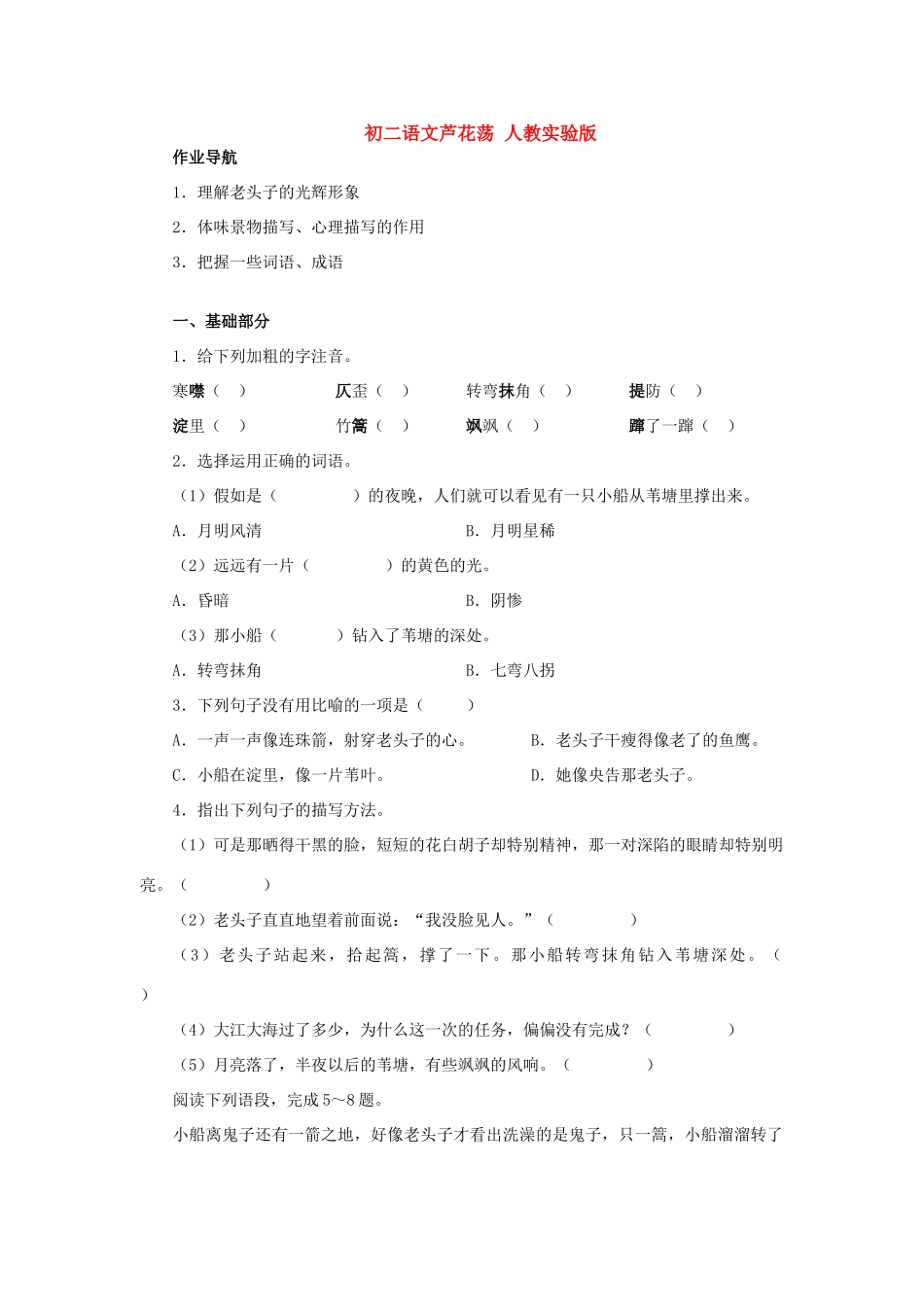 初二语文芦花荡 人教实验版 试题_第1页