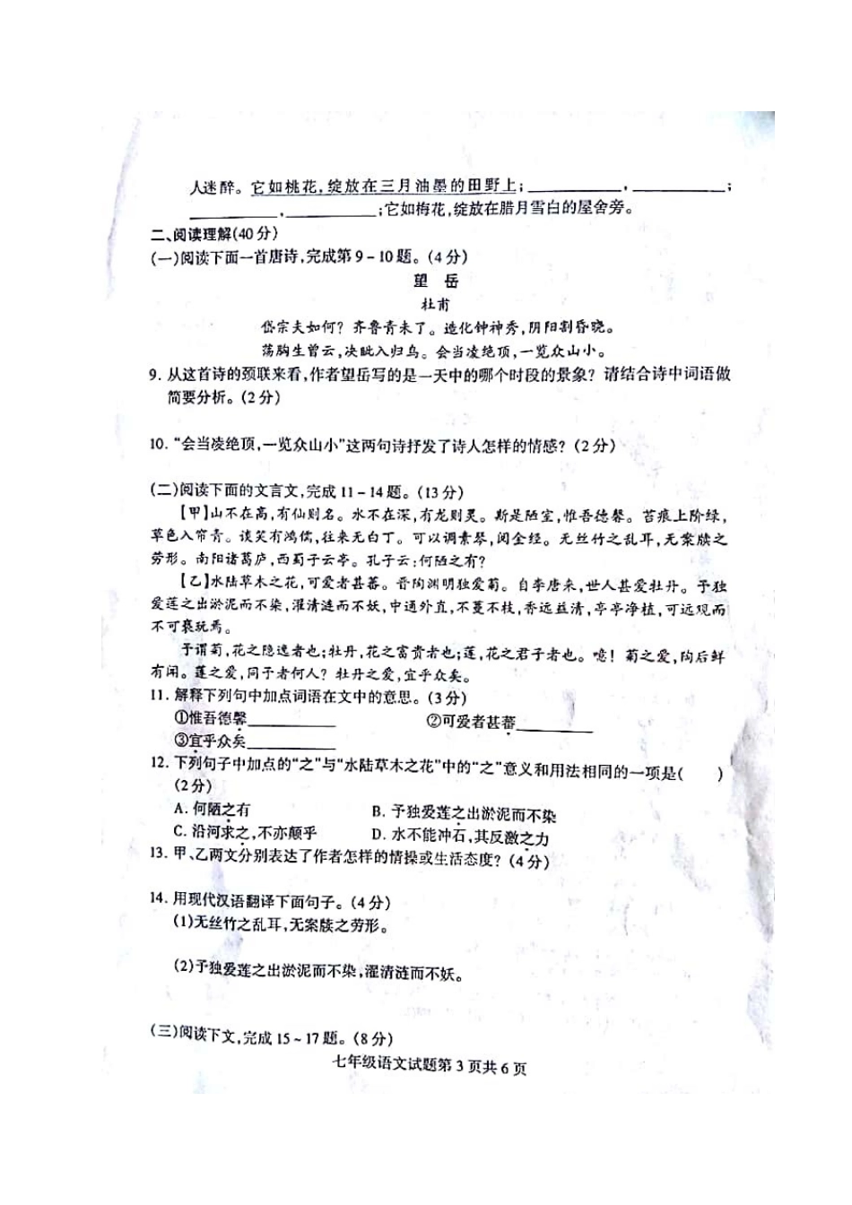 山东省临沂市河东区七年级语文下学期期末学业水平试卷新人教版试卷_第3页