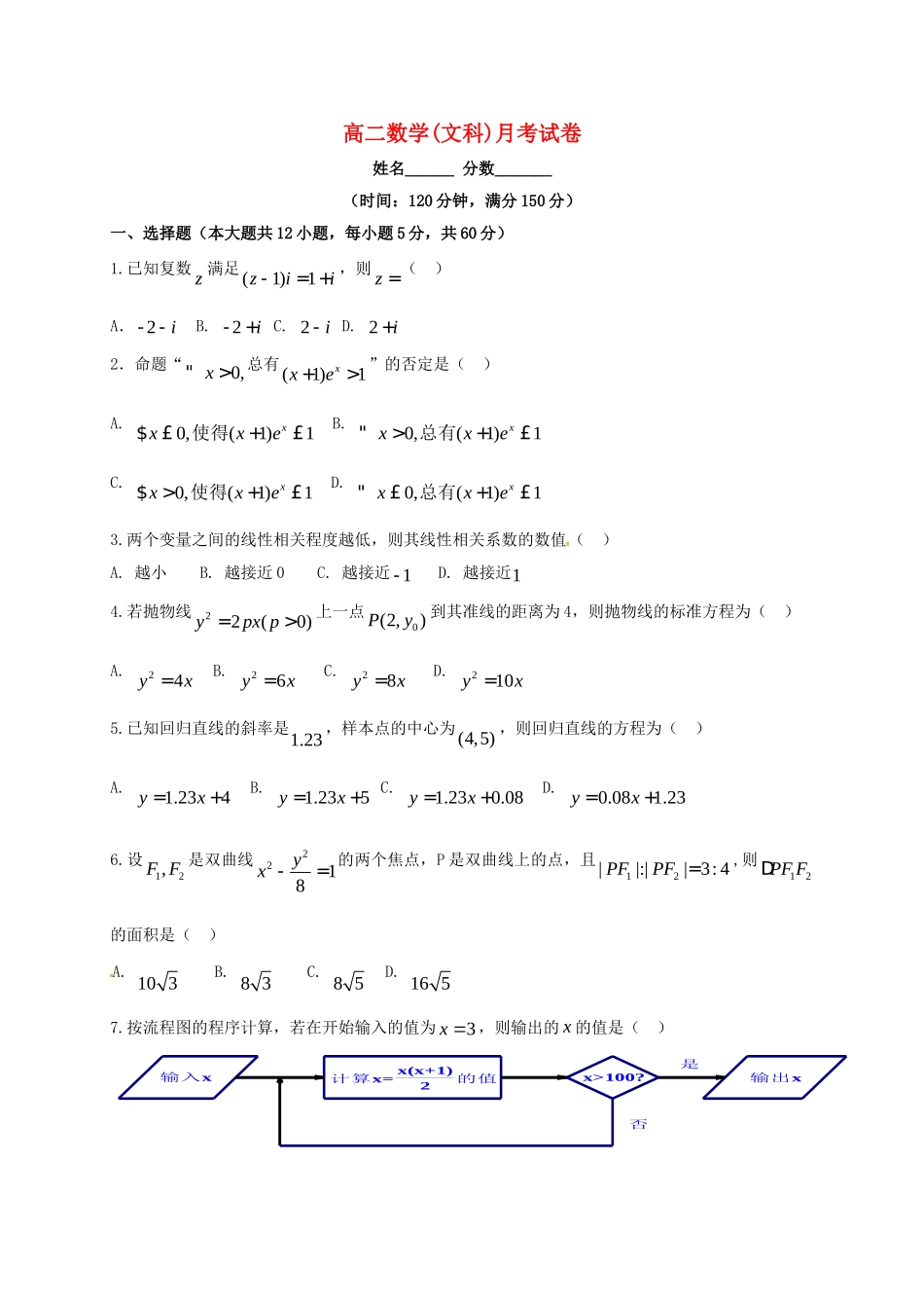 安徽省阜阳市临泉县 高二数学下学期第一次月考(3月)试卷 文试卷_第1页