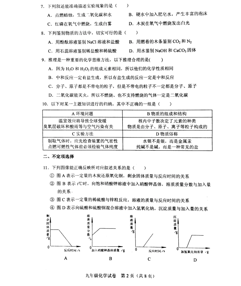 九年级化学第一次质量检测试卷(pdf)试卷_第2页
