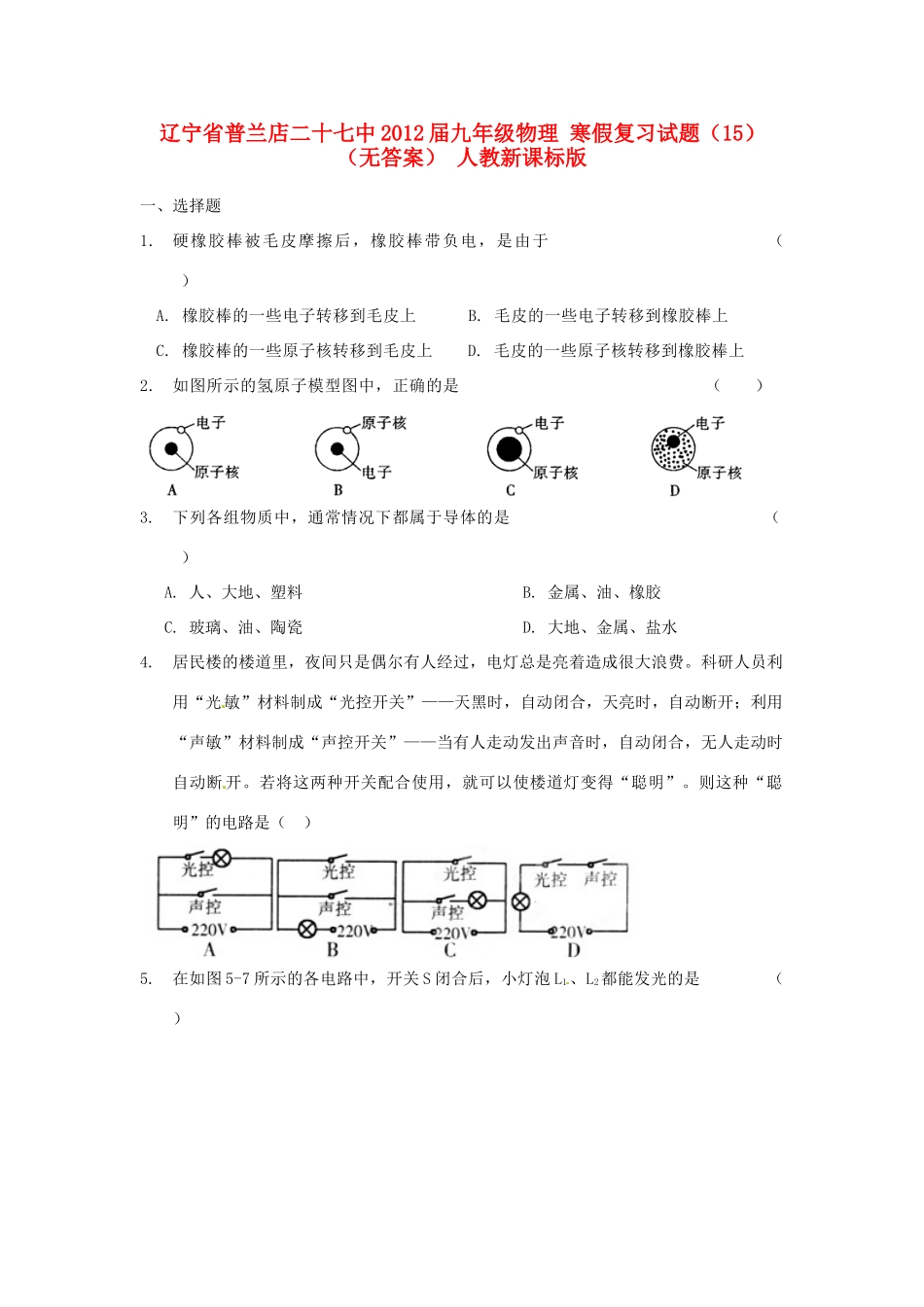 九年级物理 寒假复习试卷(15) 人教新课标版试卷_第1页