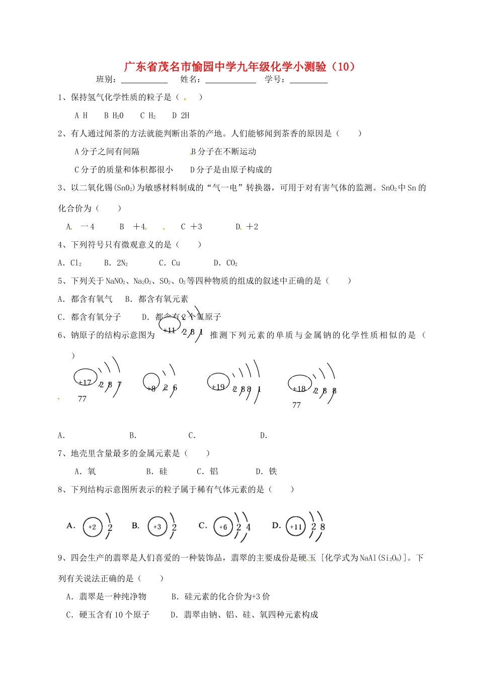 九年级化学小测验(10)试卷_第1页