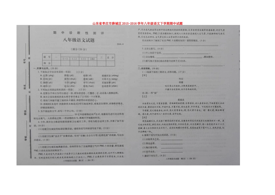 山东省枣庄市薛城区 八年级语文下学期期中试卷北师大版试卷_第1页