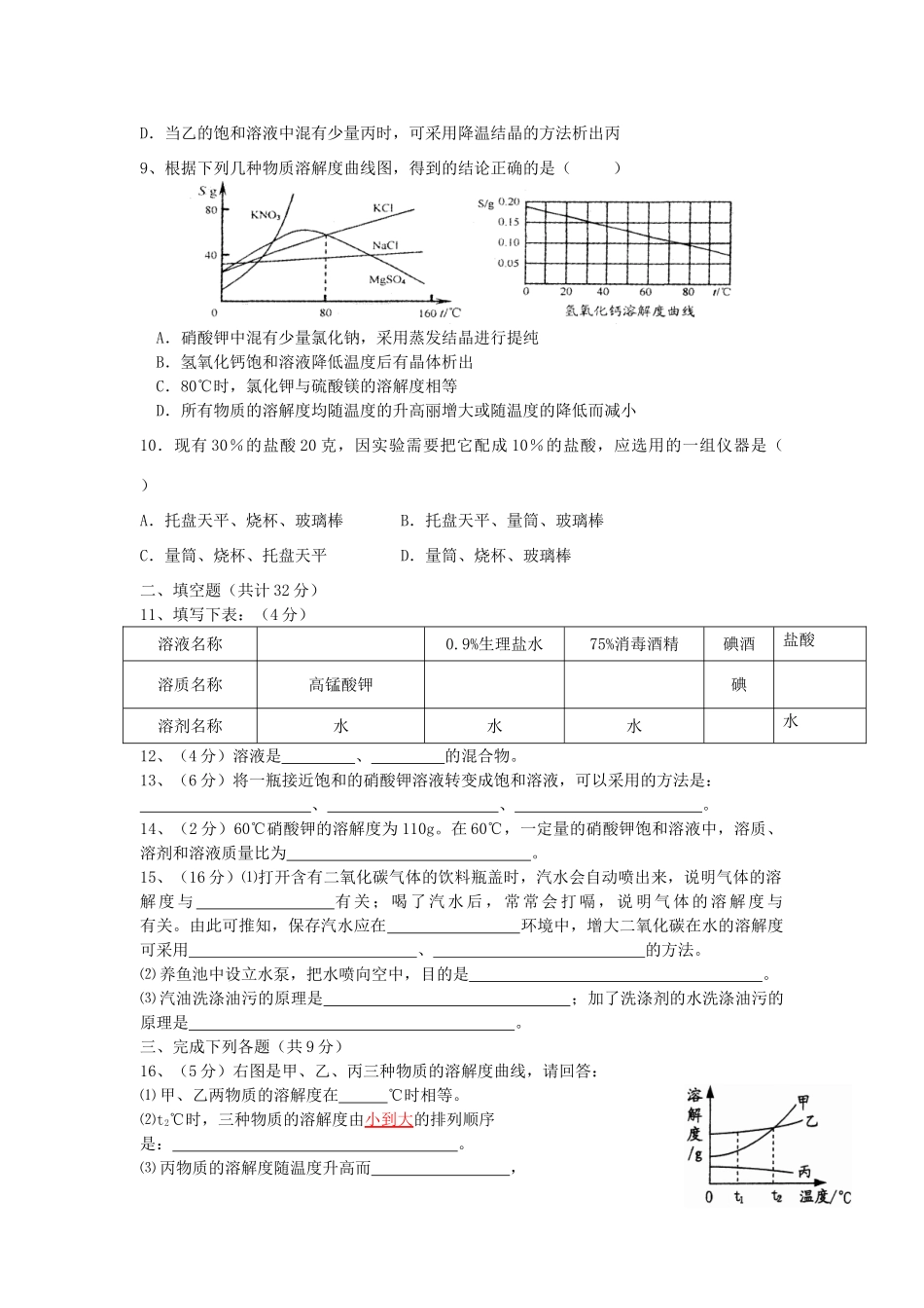 九年级化学下册 第9单元 溶液综合训练题 新人教版试卷_第2页