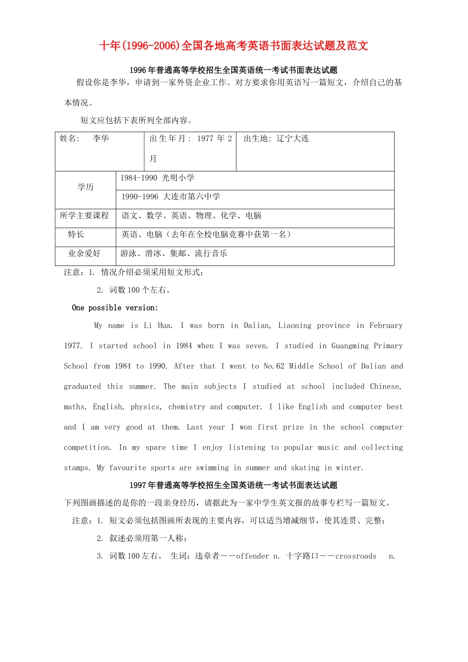 十年1996-全国各地高考英语书面表达试卷及范文 新课标 人教版试卷_第1页