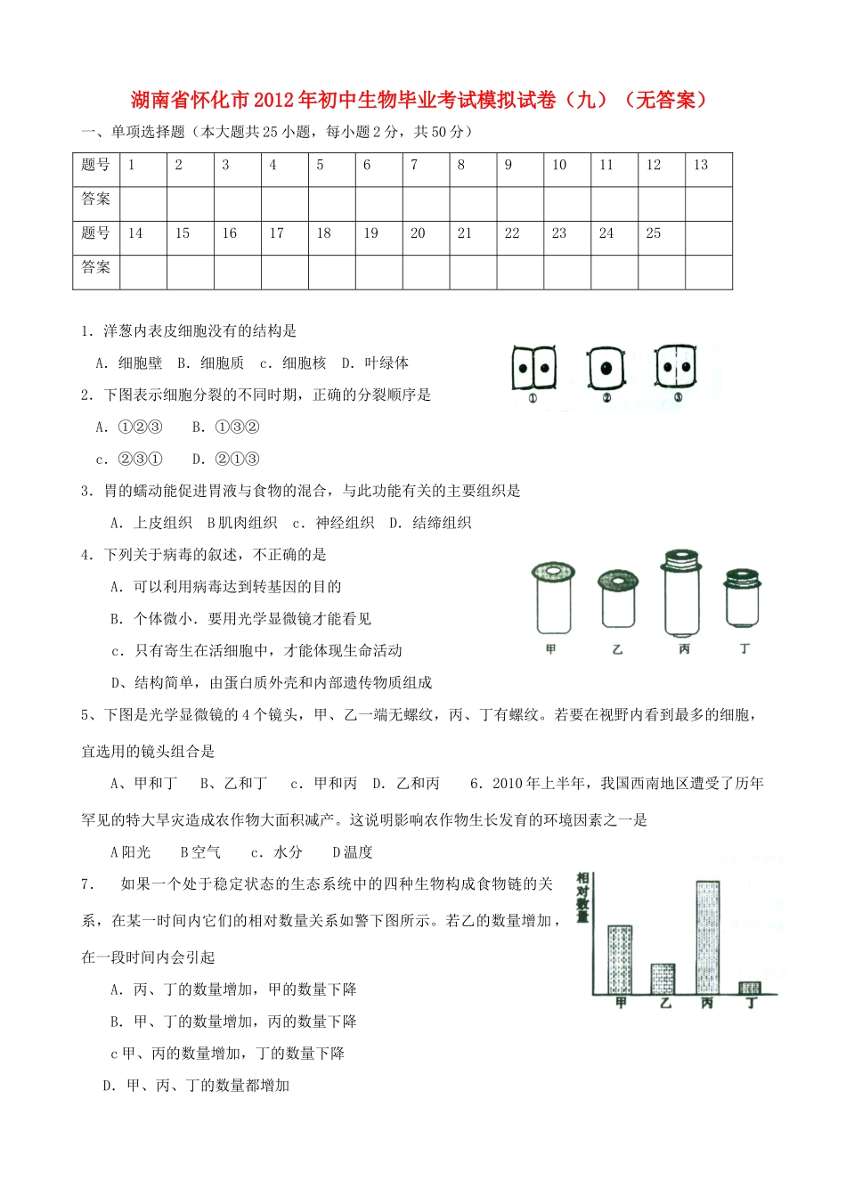 初中生物毕业考试模拟试卷(九)(无答案) 试题_第1页