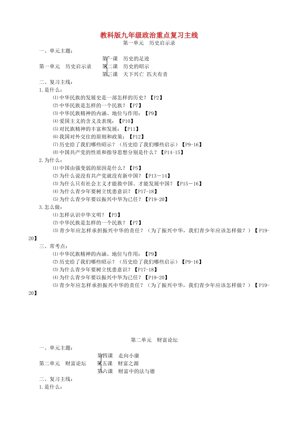 九年级政治 重点复习主线 教科版试卷_第1页