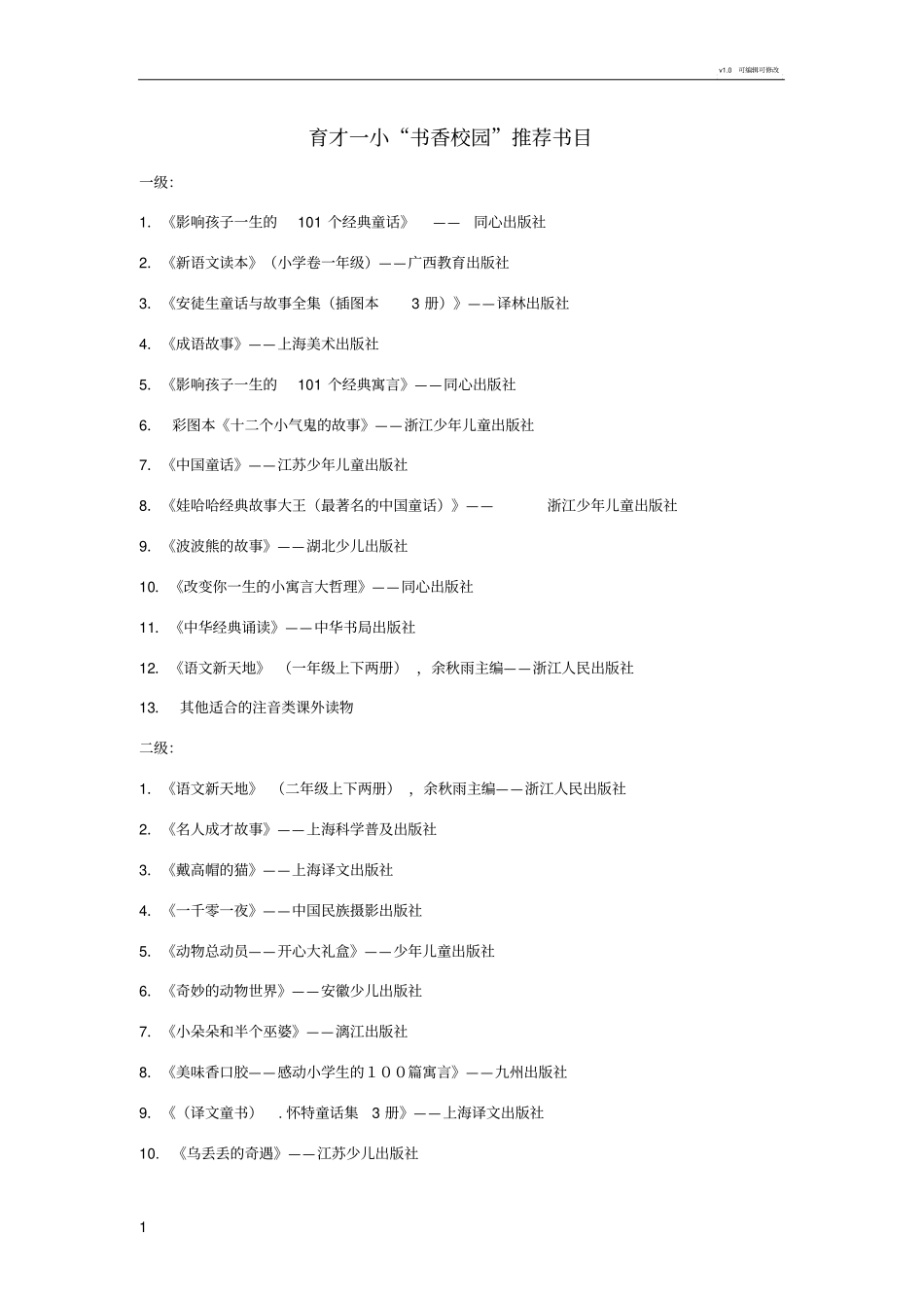 书香校园学生阅读推荐书目_第1页