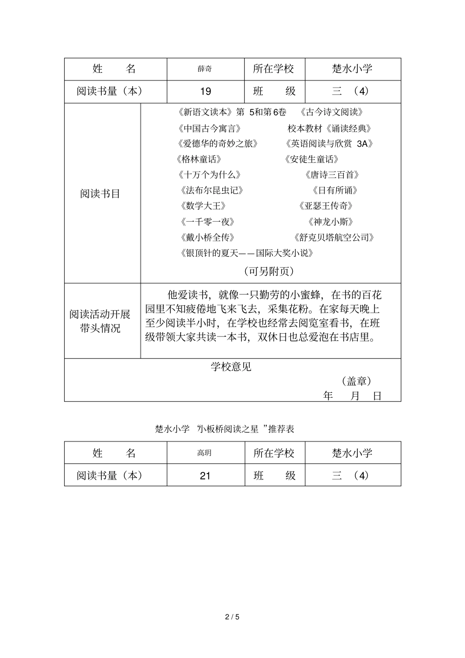 书香班小书虫推荐表_第2页