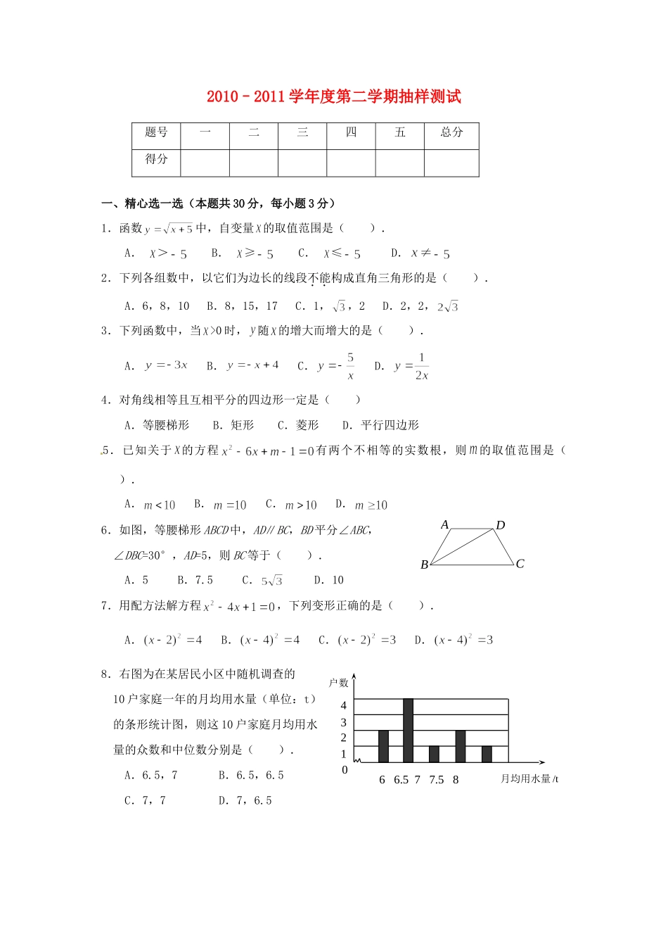 北京市西城区八年级数学第二学期抽样测试卷 人教新课标版试卷_第1页