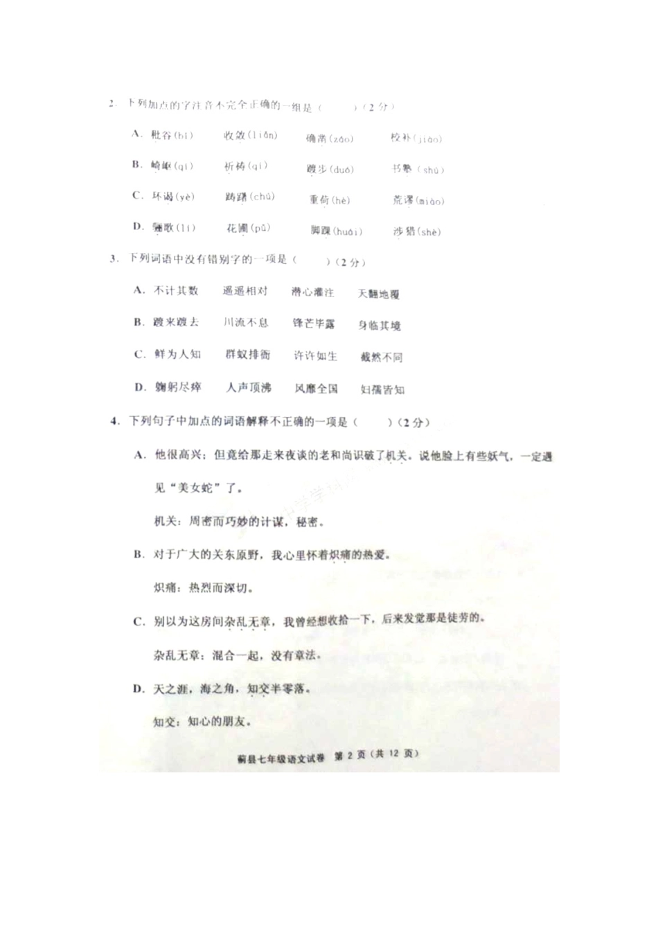 天津市蓟县七年级语文下学期期中试卷 新人教版试卷_第2页