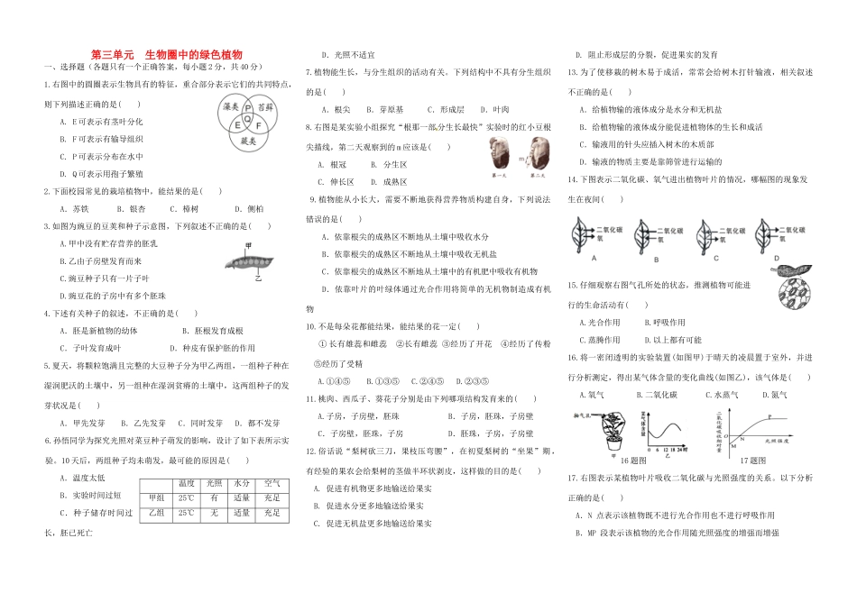 中考生物专题复习 七上 第三单元　生物圈中的绿色植物 新人教版试卷_第1页