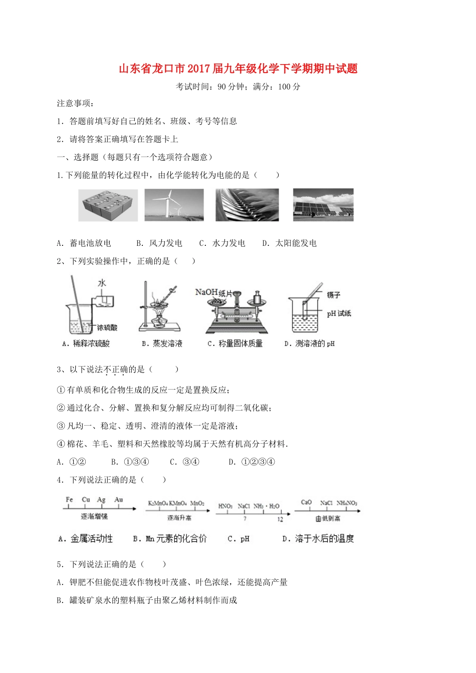 九年级化学下学期期中试卷(五四制)试卷_第1页