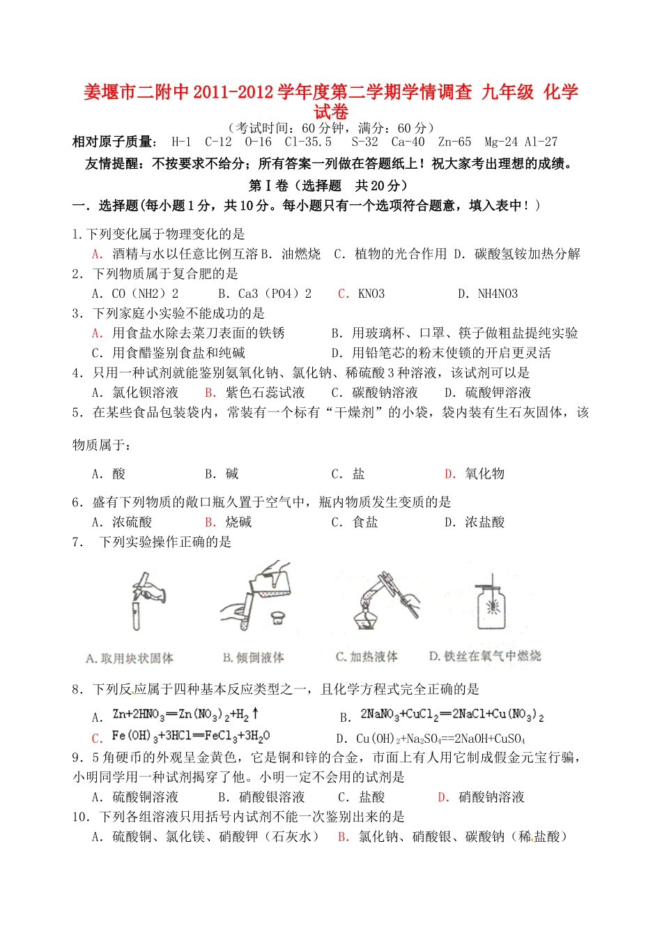 九年级化学下学期学情调查试卷试卷_第1页