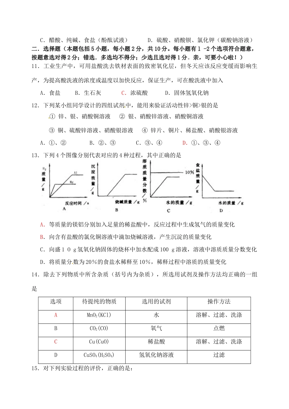 九年级化学下学期学情调查试卷试卷_第2页