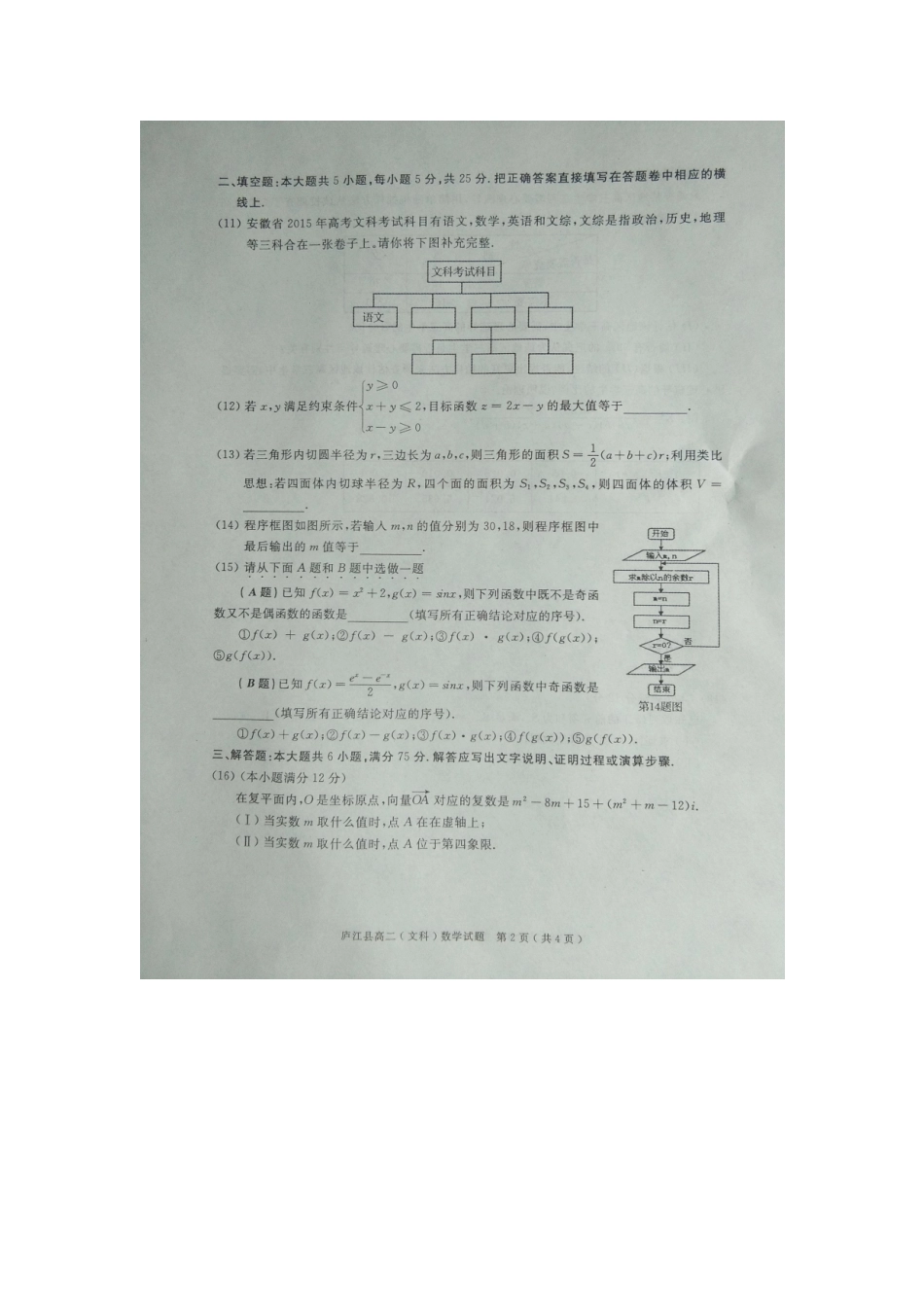 安徽省合肥市庐江县 高二数学下学期期末考试试卷 文试卷_第2页