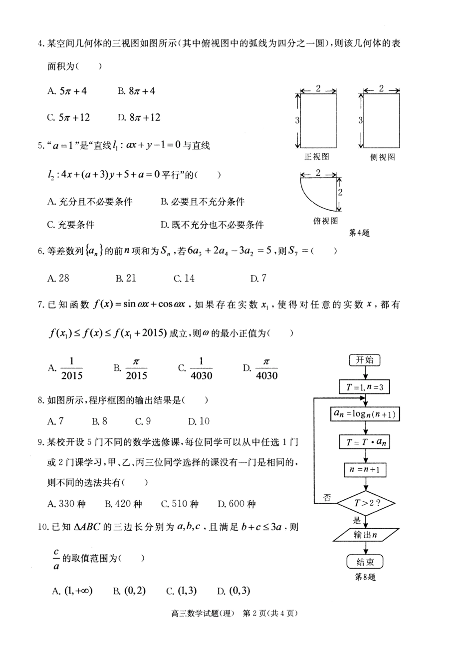 安徽省合肥市届高三数学第二次教学质量检测试卷 理试卷_第2页