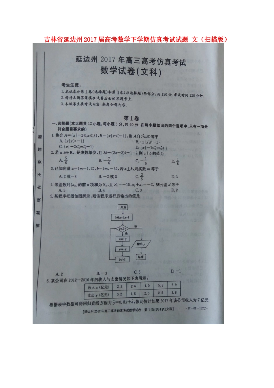 吉林省延边州高考数学下学期仿真考试试卷 文试卷_第1页