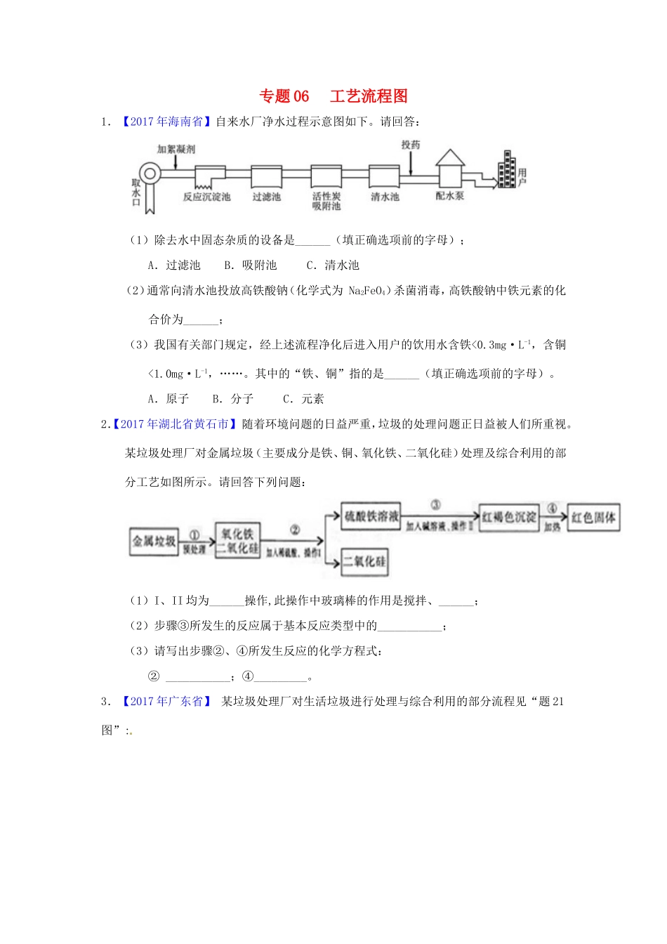 决胜中考化学压轴题揭秘 专题06 工艺流程图(中考题，无答案) 试题_第1页