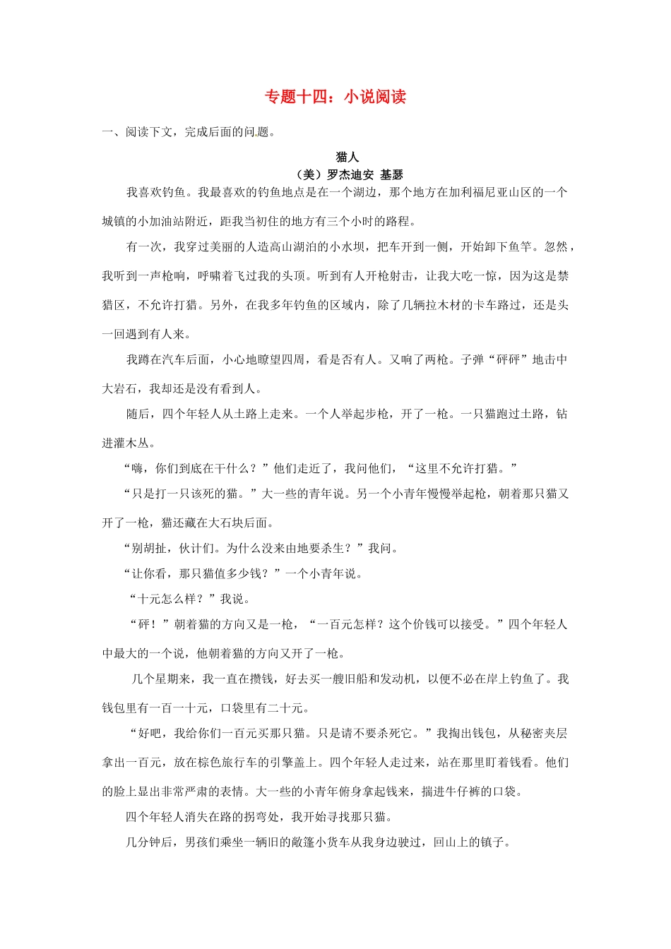 中考语文考点专题训练 专题十四 小说阅读试卷_第1页