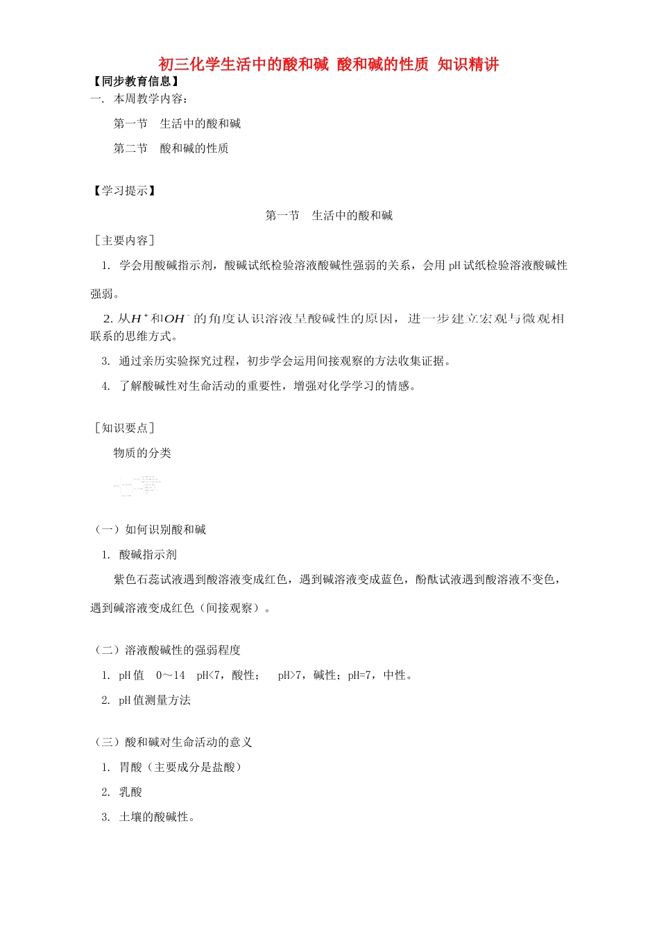 初三化学生活中的酸和碱 酸和碱的性质 知识精讲 鲁教版 试题_第1页