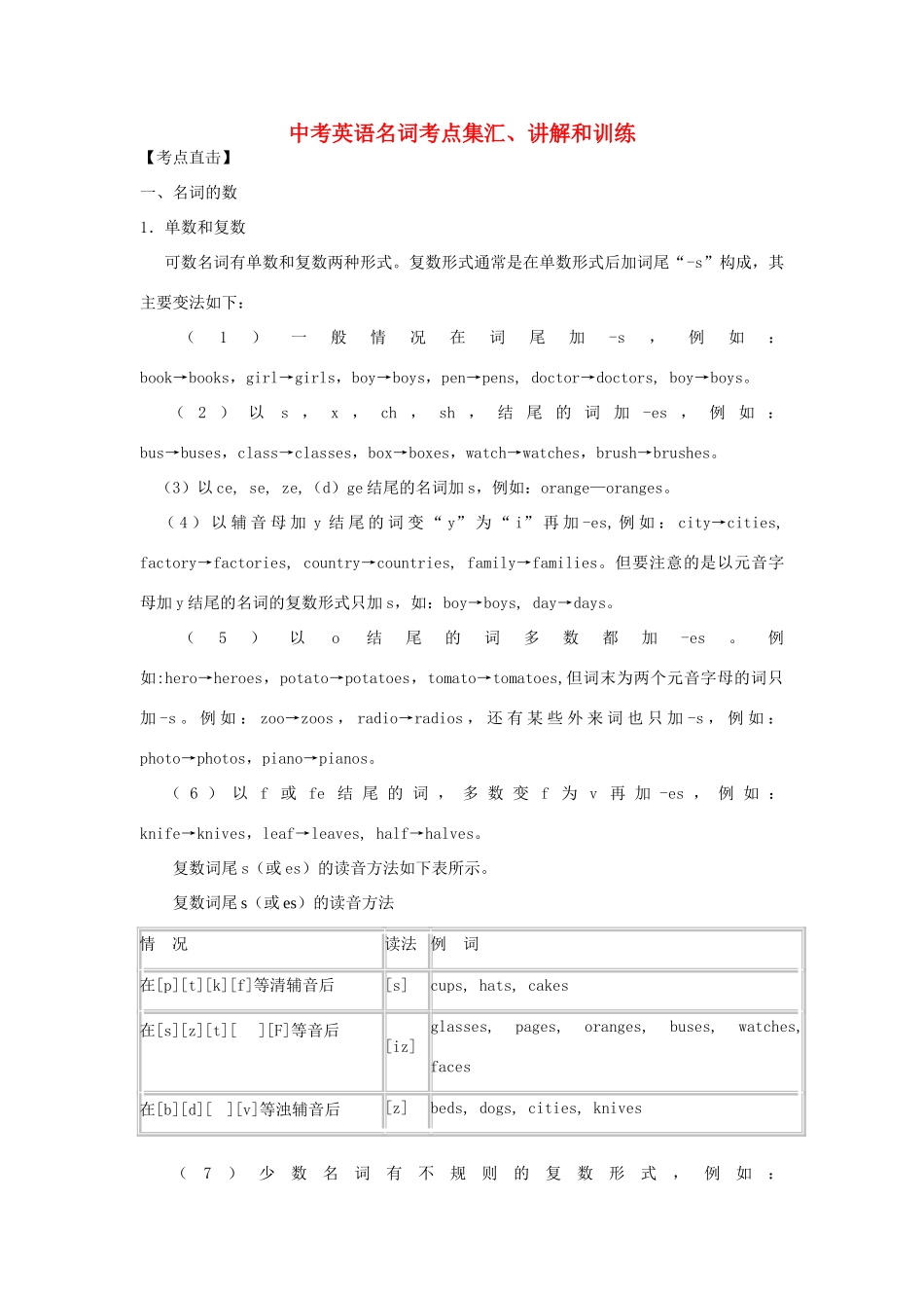 中考英语名词考点集汇、讲解和训练专题辅导试卷_第1页