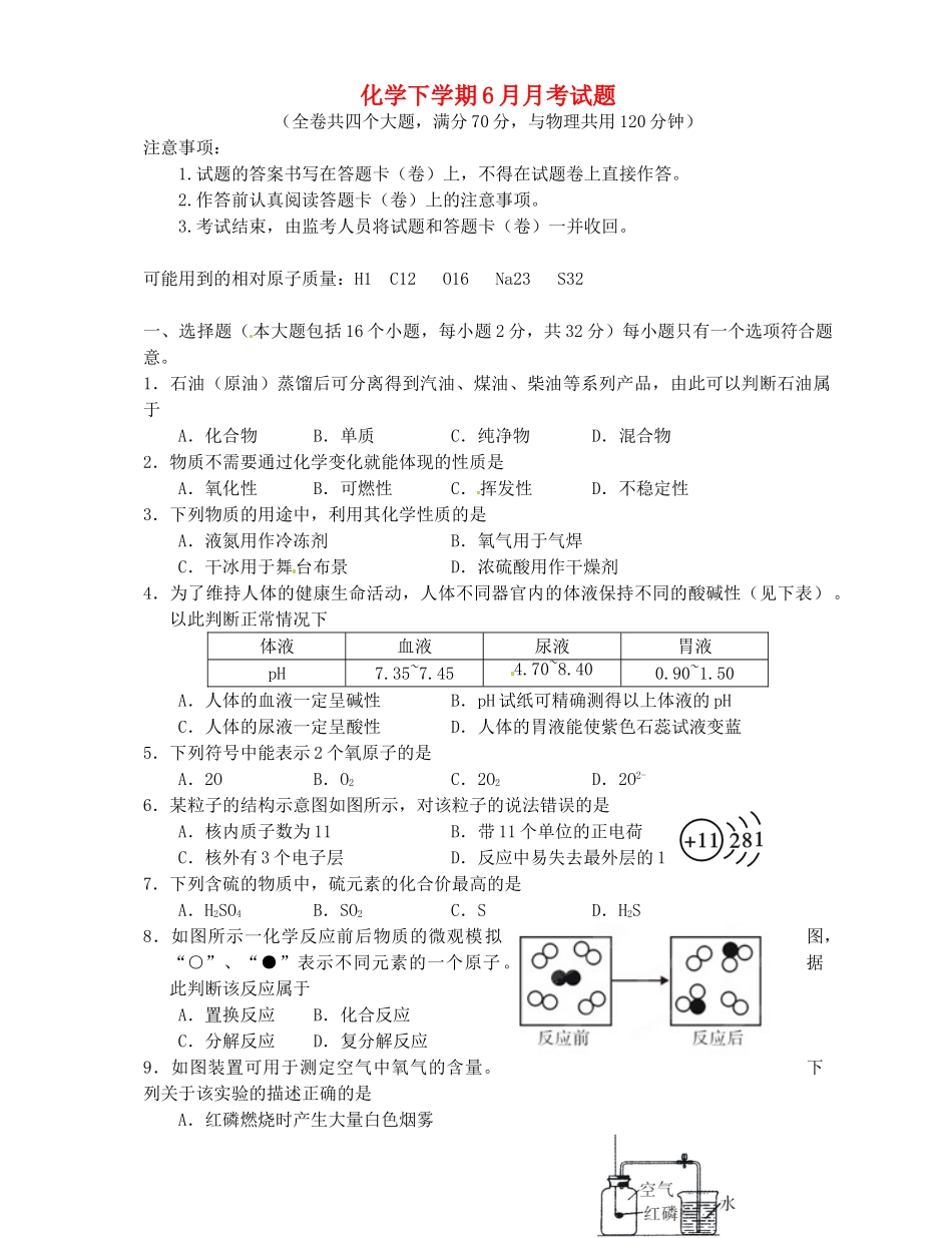 九年级化学下学期6月月考试卷 新人教版试卷_第1页