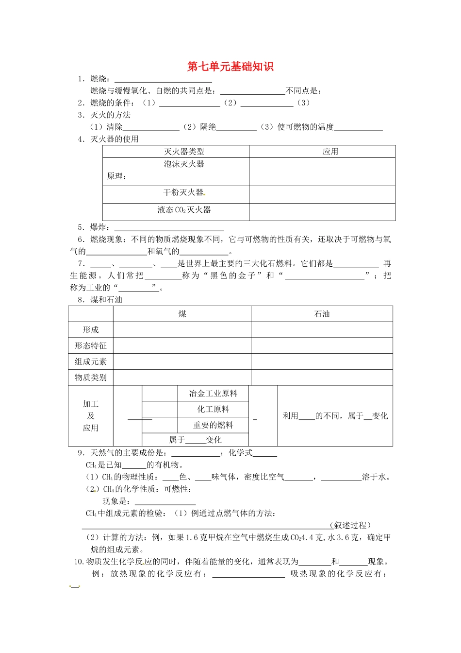 九年级化学上册 第七单元 燃料及其利用基础知识 新人教版试卷_第1页