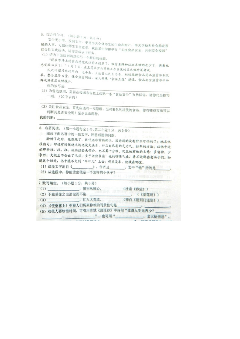 山东省日照市五莲县八年级语文上学期期末考试试卷新人教版试卷_第2页