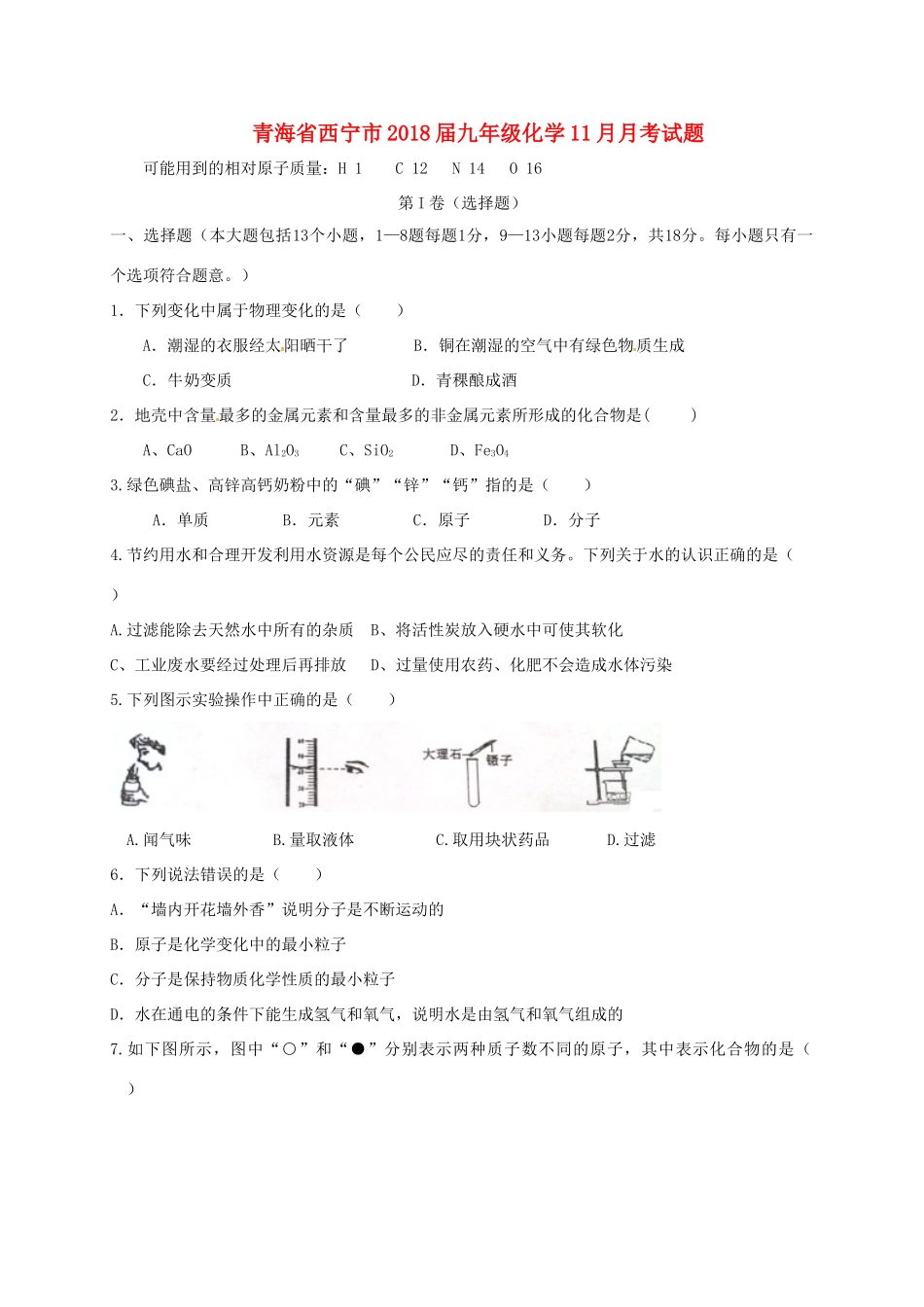 九年级化学11月月考试卷 新人教版试卷_第1页