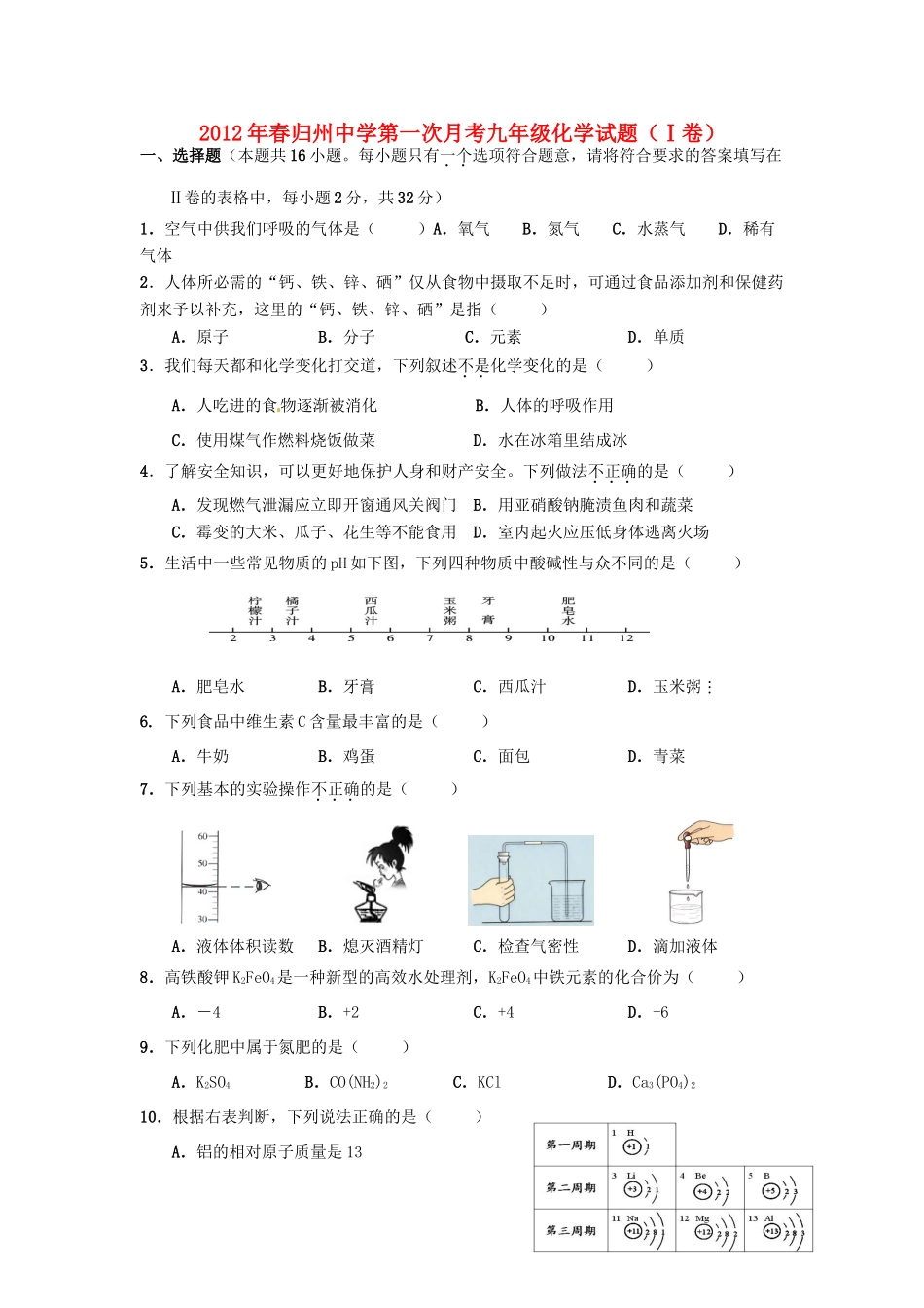 九年级化学下期第一次月考试卷 人教新课标版试卷_第1页