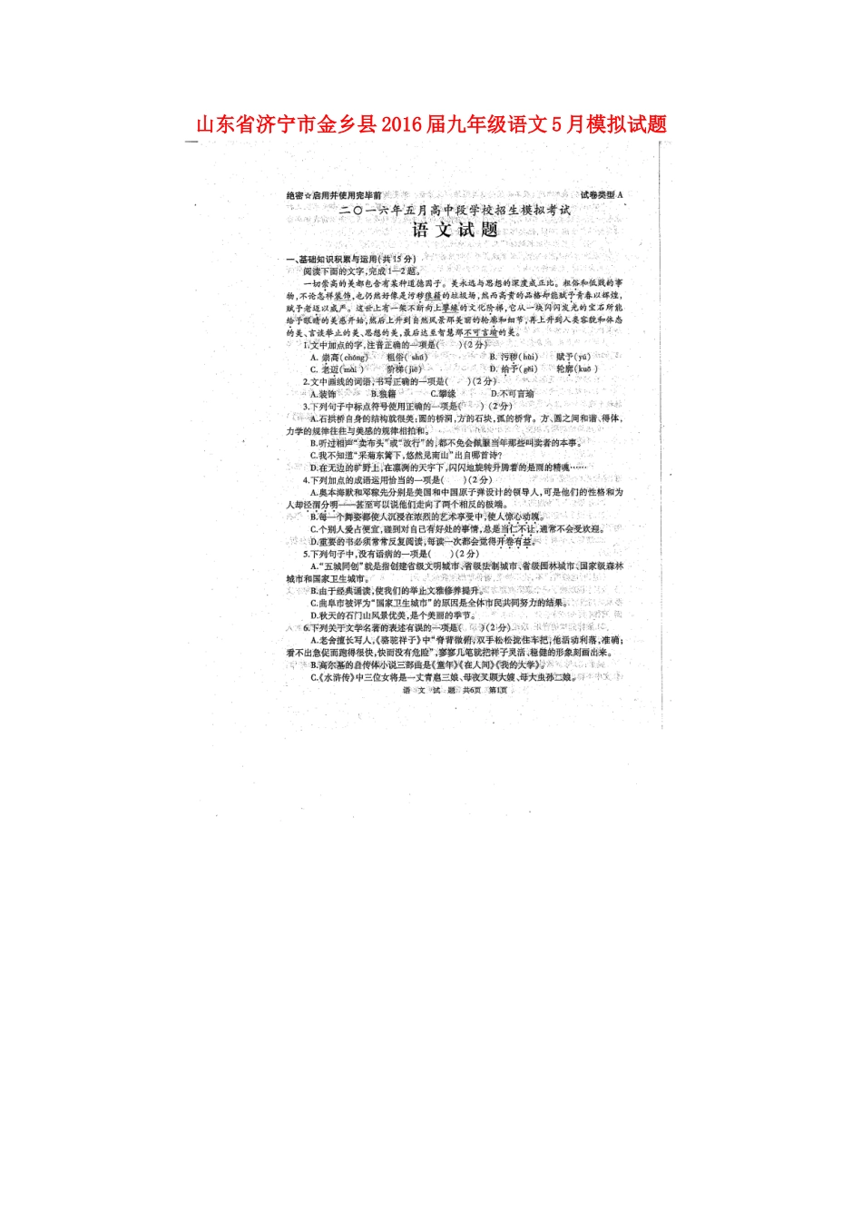 山东省济宁市金乡县九年级语文5月模拟试卷试卷_第1页