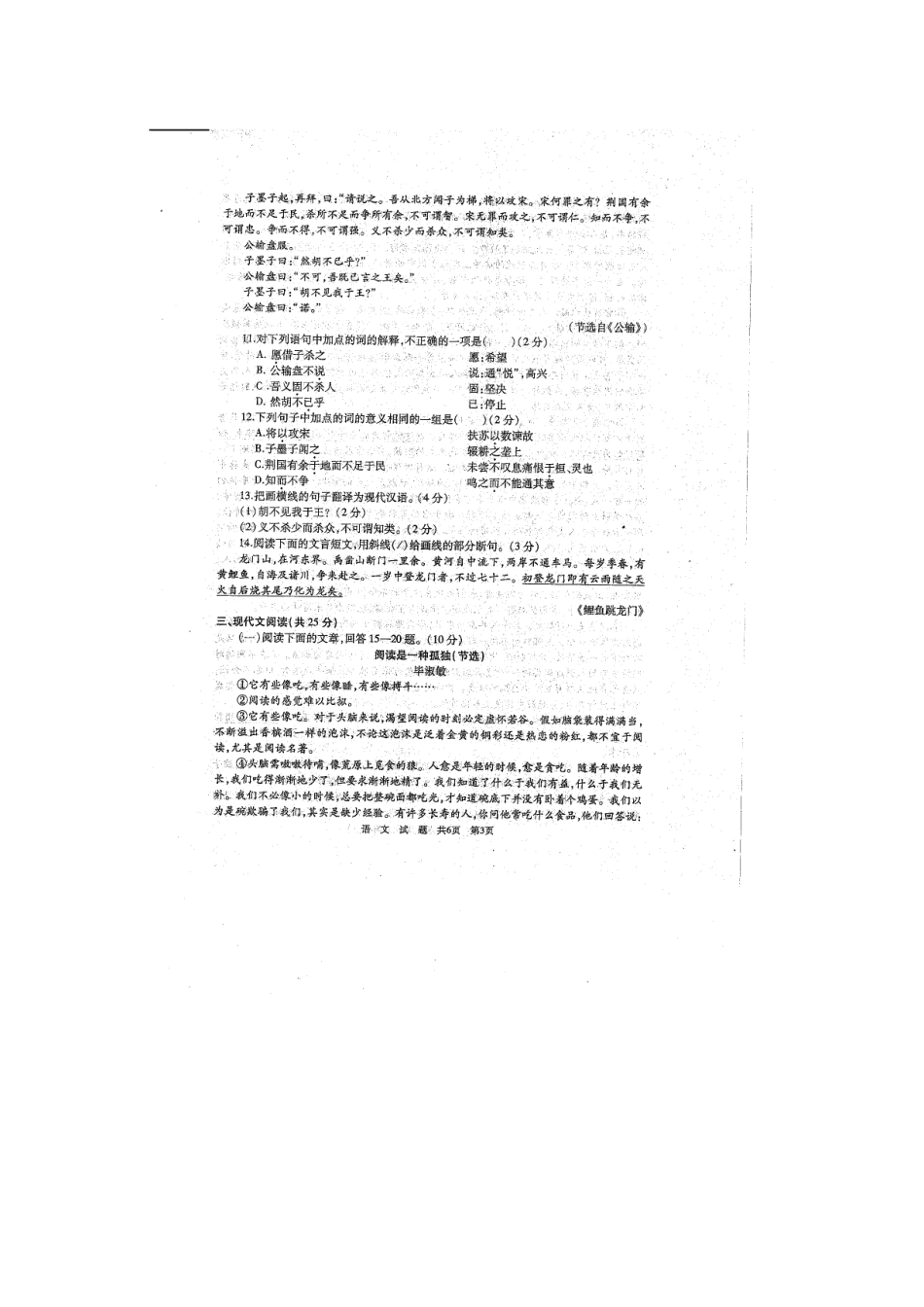 山东省济宁市金乡县九年级语文5月模拟试卷试卷_第3页