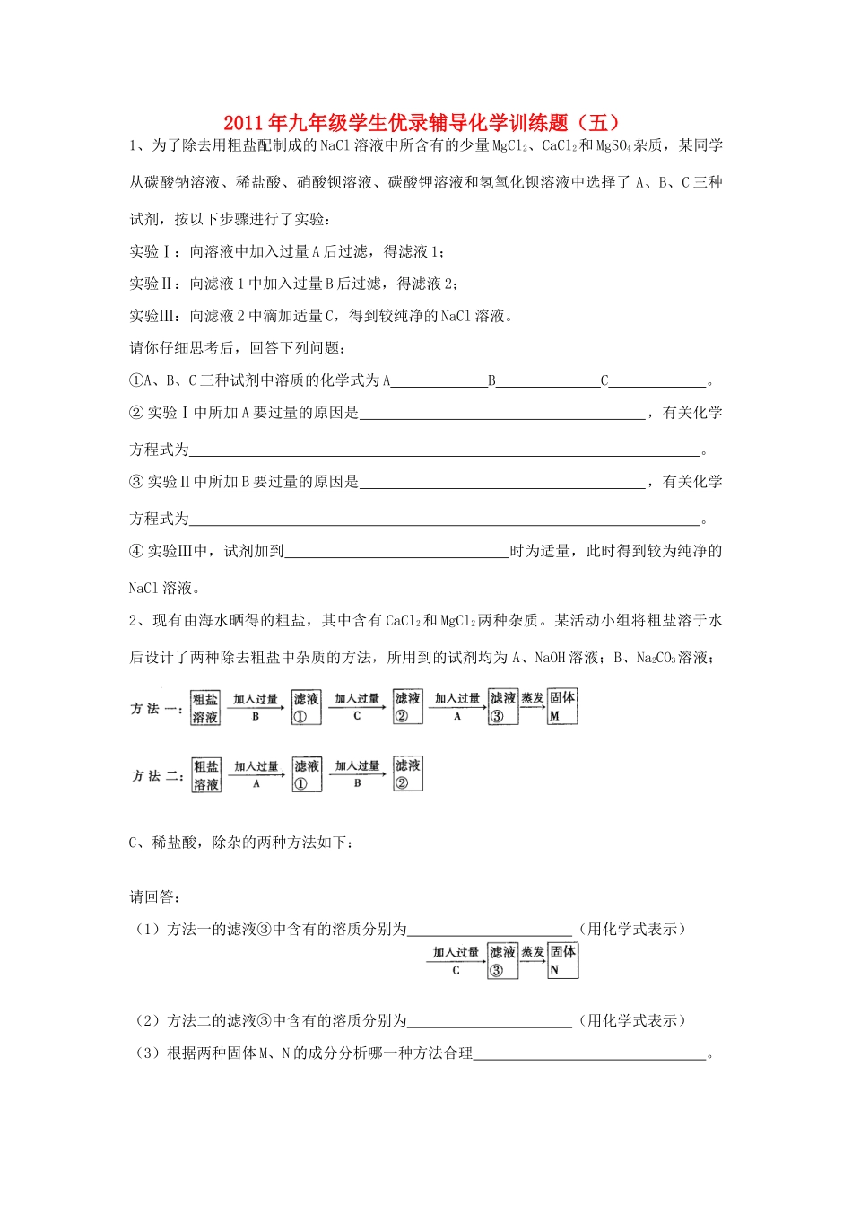 九年级化学学生优录辅导训练题(五)试卷_第1页