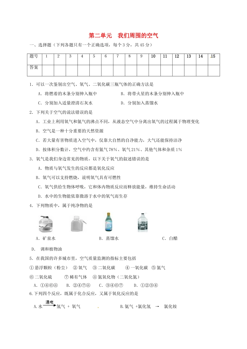 山东省临沂市平邑县平邑镇九年级化学上册 第二单元 我们周围的空气测试卷(新版)新人教版试卷_第1页