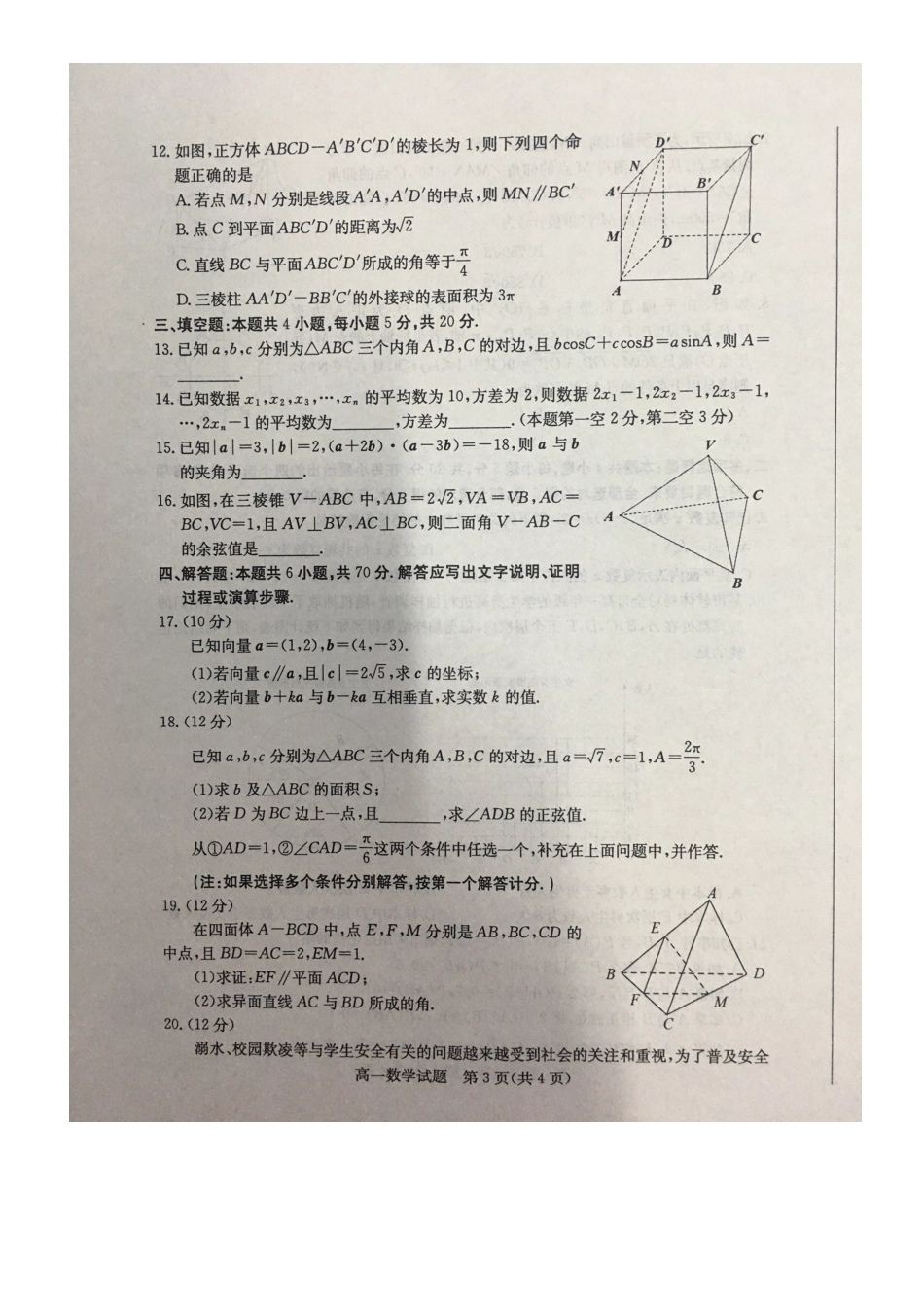 山东省滨州市高一数学下学期期末考试试卷(PDF)试卷_第3页