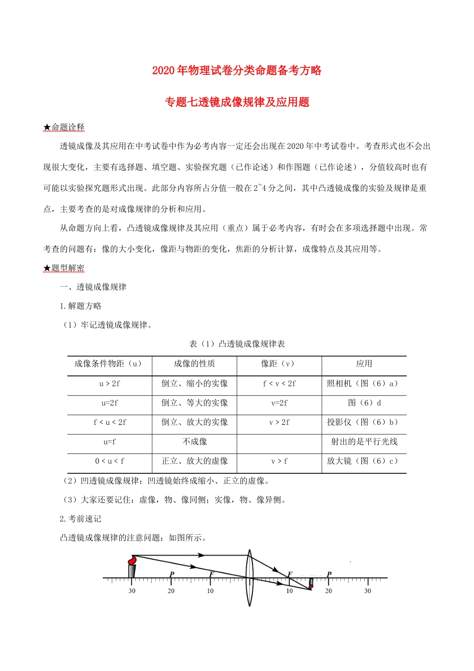 中考物理试卷分类命题备考方略 专题07 透镜成像规律及应用题试卷_第1页