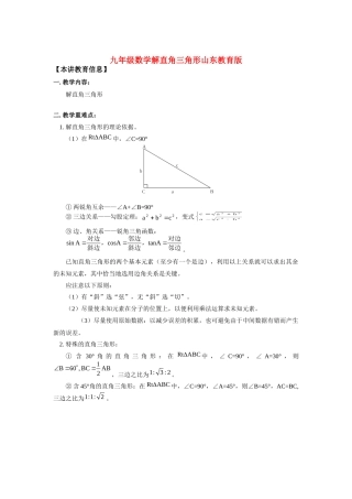 九年级数学解直角三角形山东教育版知识精讲试卷
