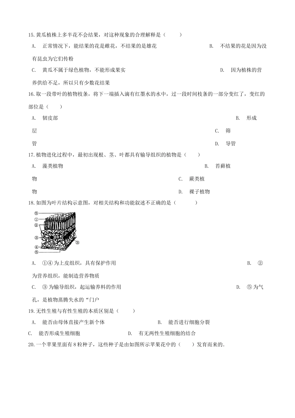 中考生物 生物圈中的绿色植物专题复习试卷_第3页