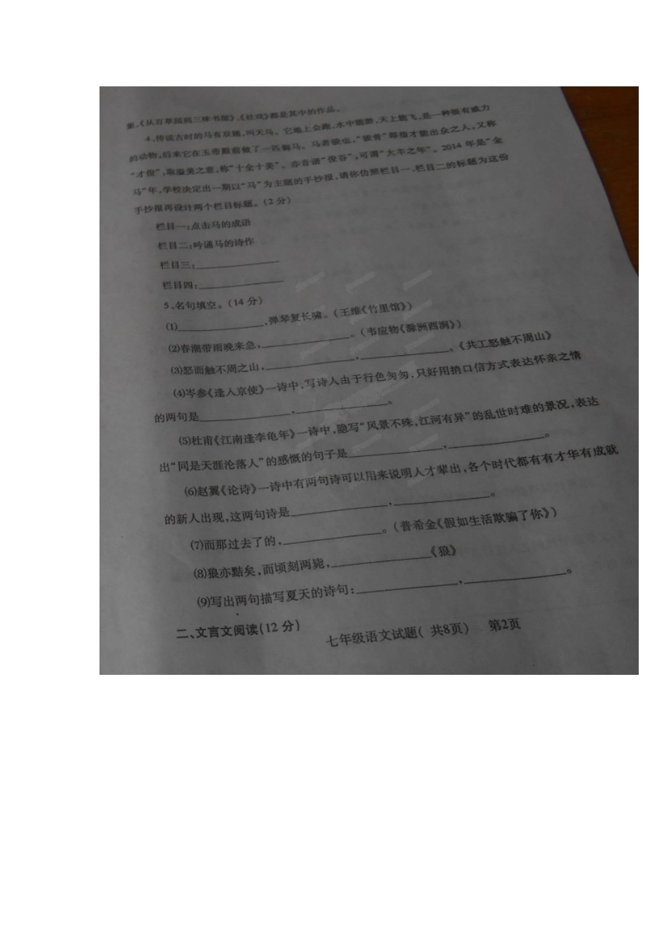 山东省聊城市莘县七年级语文下学期期末学业水平检测试卷(扫描版，暂无答案)试卷_第2页