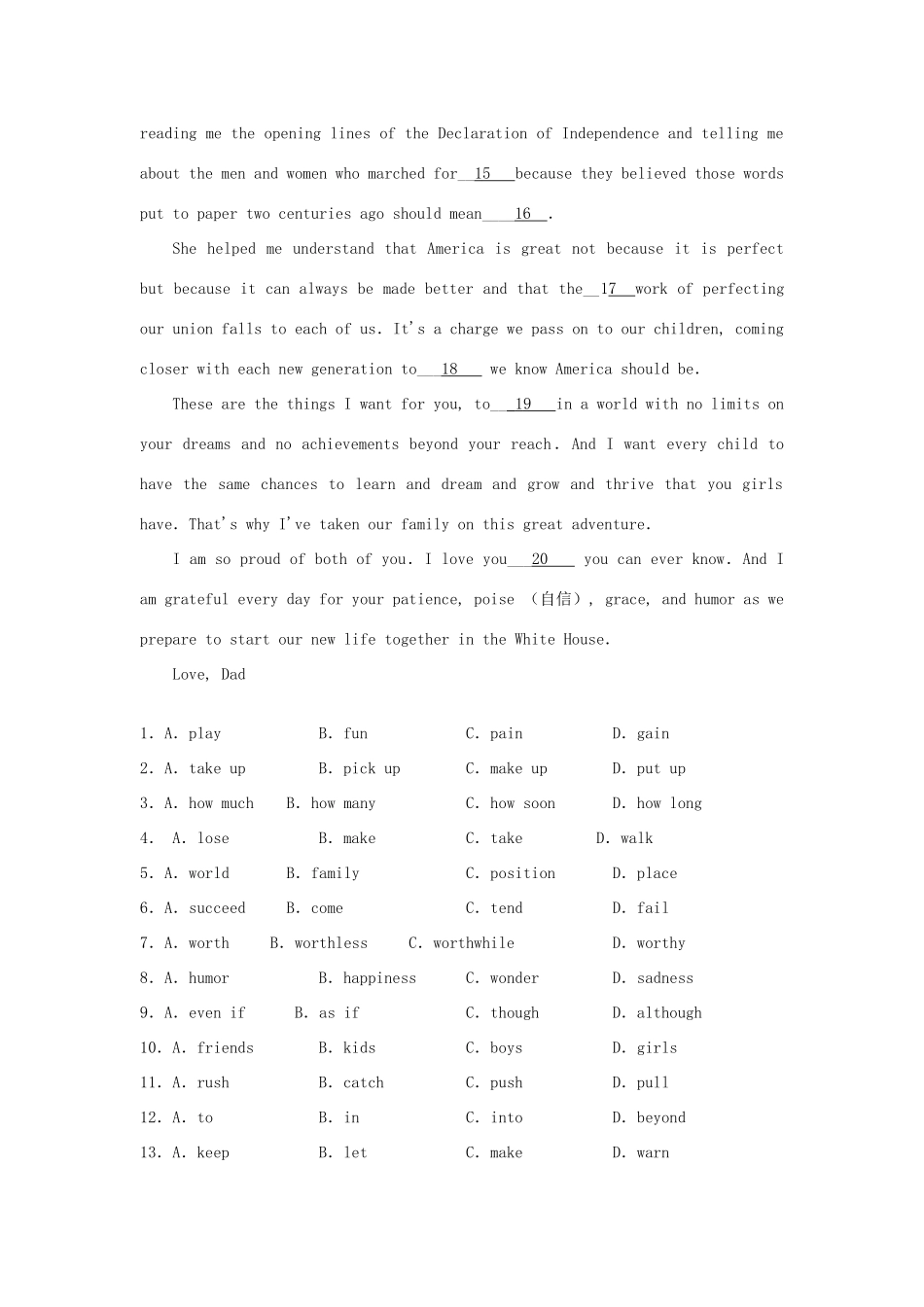 四川省高三英语二轮复习 专题训练 完形填空(15)试卷_第2页