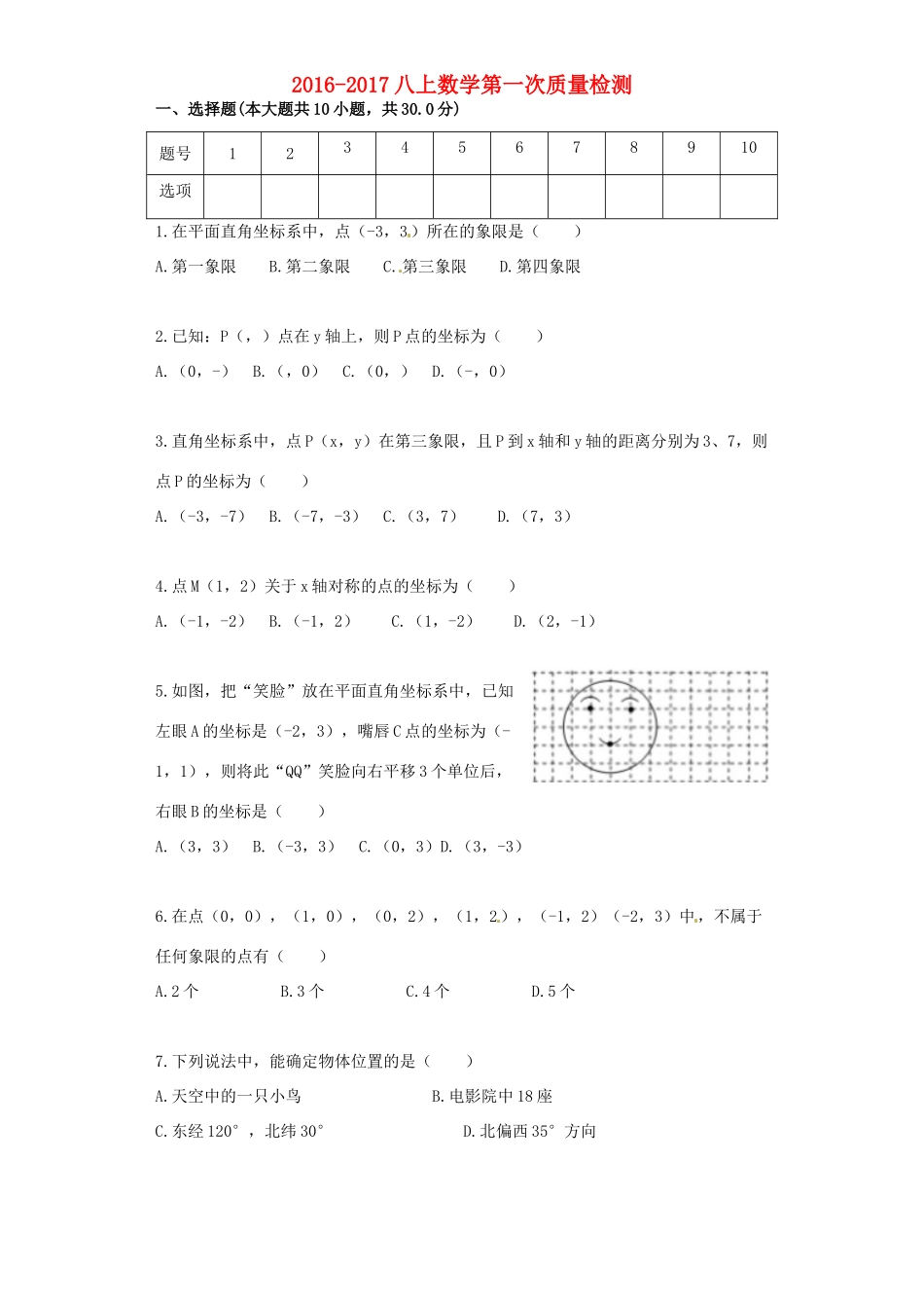 安徽省濉溪县 八年级数学上学期第一次质量检测试卷 沪科版试卷_第1页