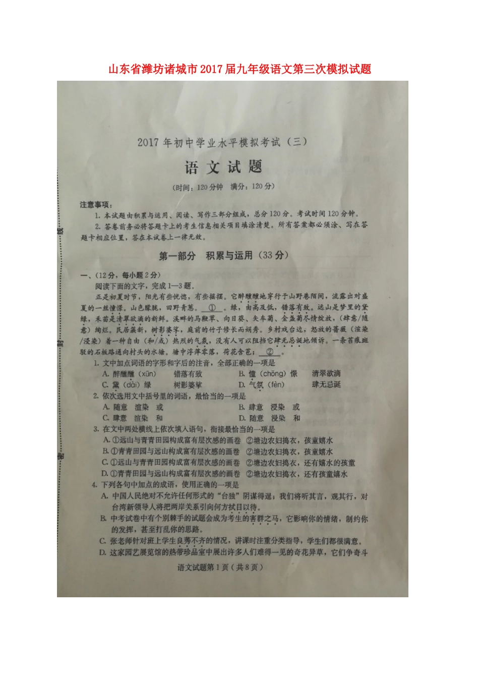 山东省潍坊诸城市九年级语文第三次模拟试卷试卷_第1页