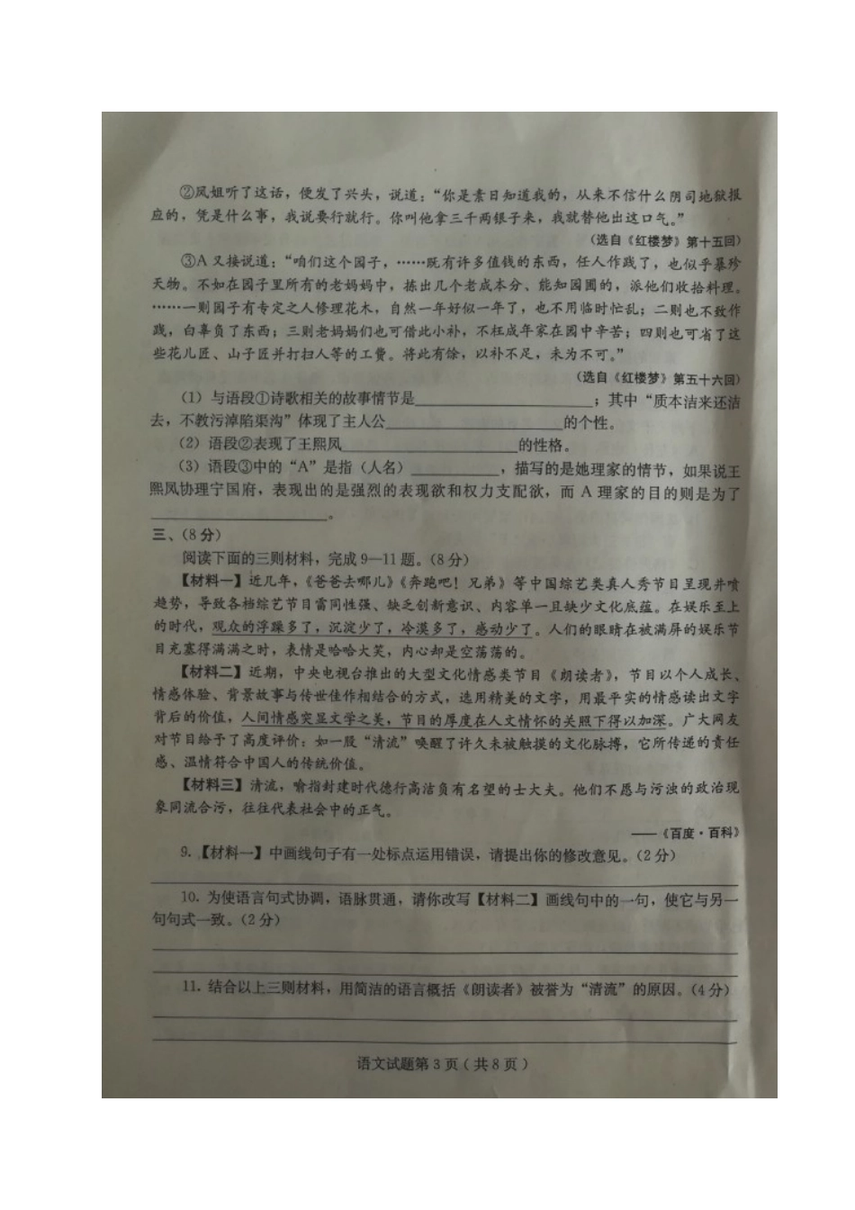 山东省潍坊诸城市九年级语文第三次模拟试卷试卷_第3页