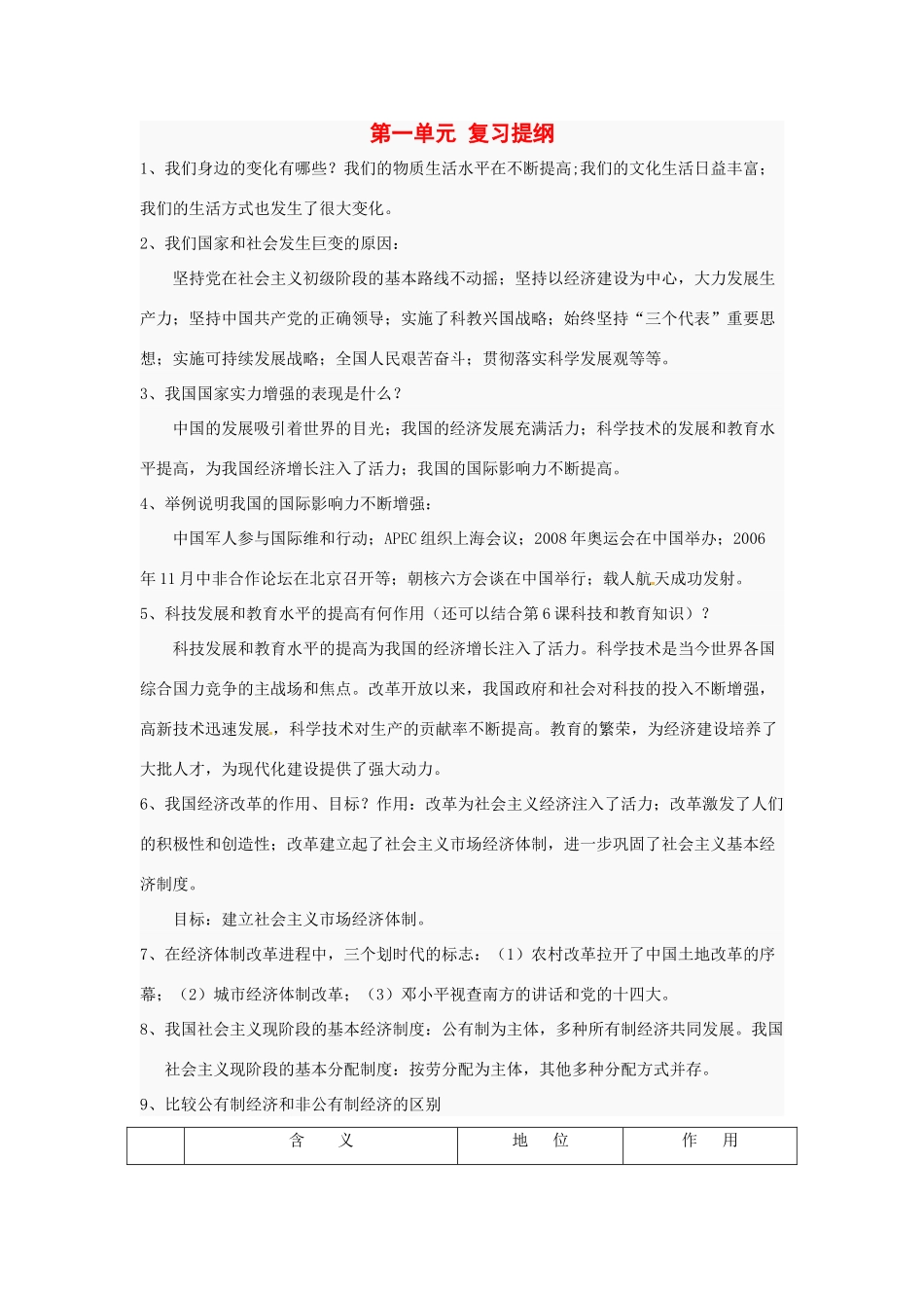 九年级政治 第一单元 感受时代脉动复习提纲 北师大版试卷_第1页